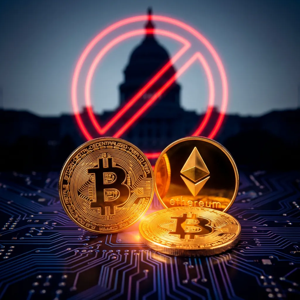 Bitcoin Banned sign over government building